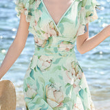 Fresh Floral Ruffle Halter Skirted Swimsuit