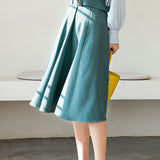 Commuter High-Waisted Belted A-Line Midi Skirt