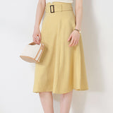Commuter High-Waisted Belted A-Line Midi Skirt