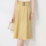 Commuter High-Waisted Belted A-Line Midi Skirt