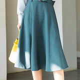 Commuter High-Waisted Belted A-Line Midi Skirt