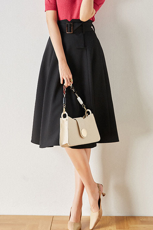 Commuter High-Waisted Belted A-Line Midi Skirt