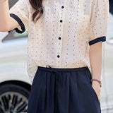 French Style Commute Ruffled Stand Collar Polka Dot Shirt