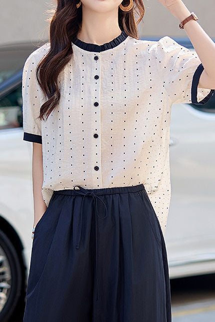 French Style Commute Ruffled Stand Collar Polka Dot Shirt