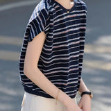 Retro Commute Round Neck Gathered Sleeve Striped T-Shirt