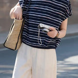 Retro Commute Round Neck Gathered Sleeve Striped T-Shirt