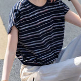 Retro Commute Round Neck Gathered Sleeve Striped T-Shirt