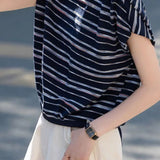 Retro Commute Round Neck Gathered Sleeve Striped T-Shirt