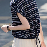 Retro Commute Round Neck Gathered Sleeve Striped T-Shirt