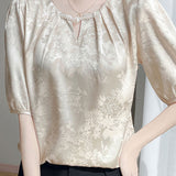 Elegant Commute Round Neck Satin Jacquard T-Shirt