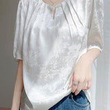 Elegant Commute Round Neck Satin Jacquard T-Shirt