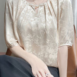Elegant Commute Round Neck Satin Jacquard T-Shirt