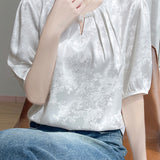 Elegant Commute Round Neck Satin Jacquard T-Shirt