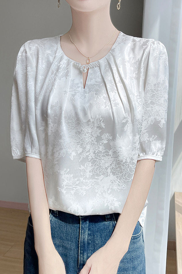 Elegant Commute Round Neck Satin Jacquard T-Shirt