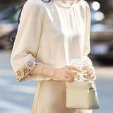 Elegant Commuter Round Neck Puff Sleeve Embroidered Blouse