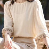 Elegant Commuter Round Neck Puff Sleeve Embroidered Blouse