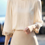 Elegant Commuter Round Neck Puff Sleeve Embroidered Blouse