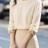 Elegant Commuter Round Neck Puff Sleeve Embroidered Blouse