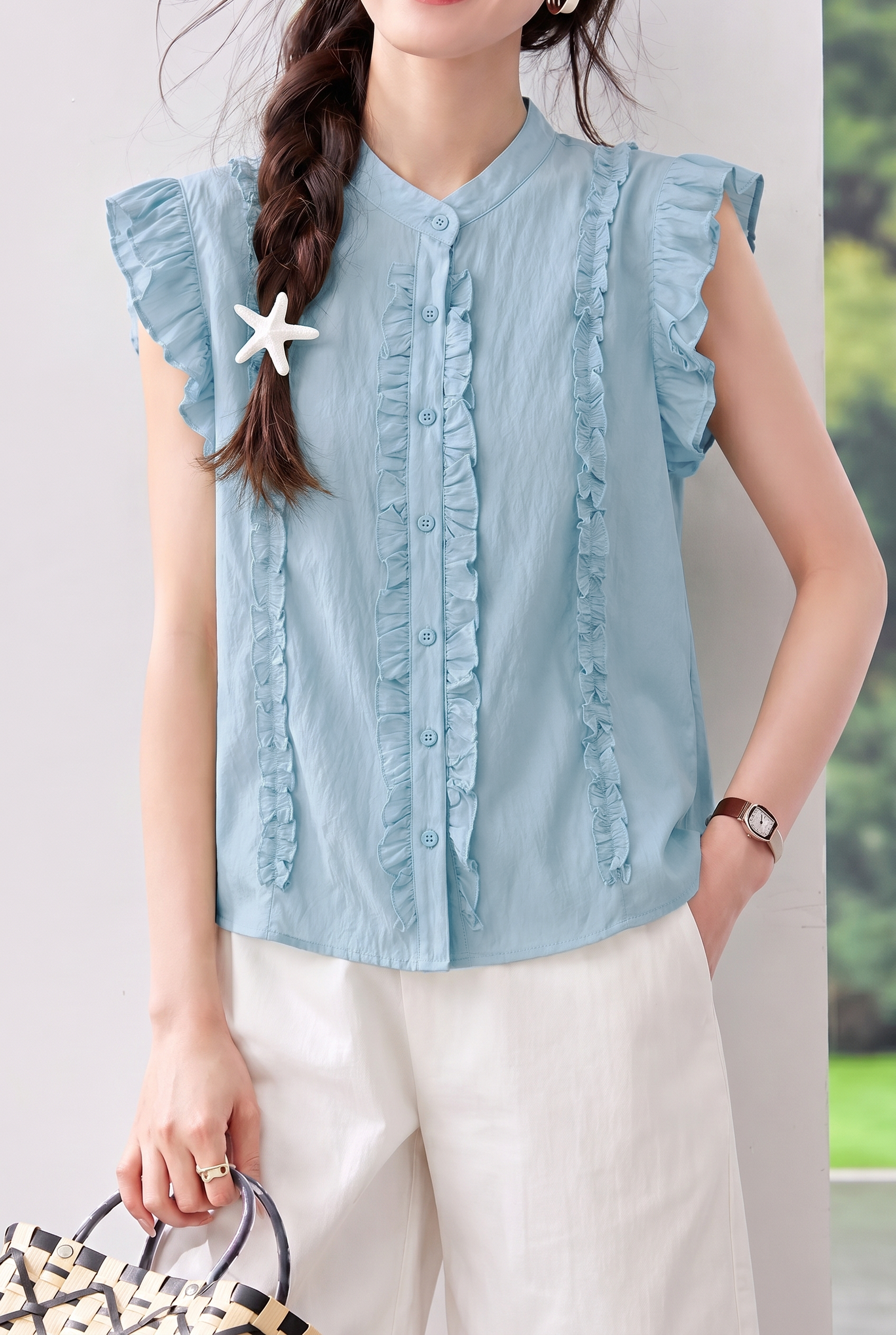 Elegant Commuter Cross Ruched Flutter Sleeve Blouse