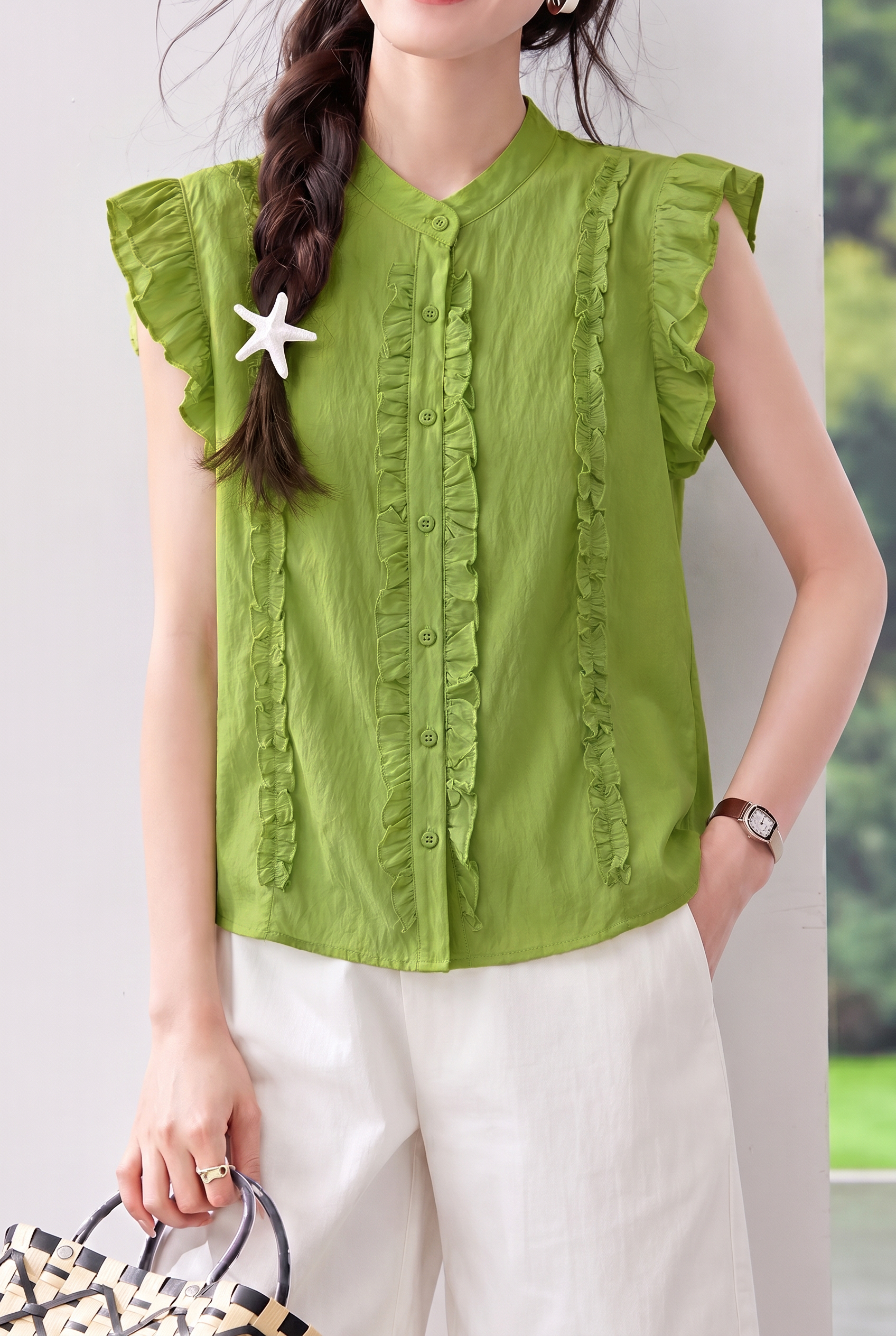 Elegant Commuter Cross Ruched Flutter Sleeve Blouse