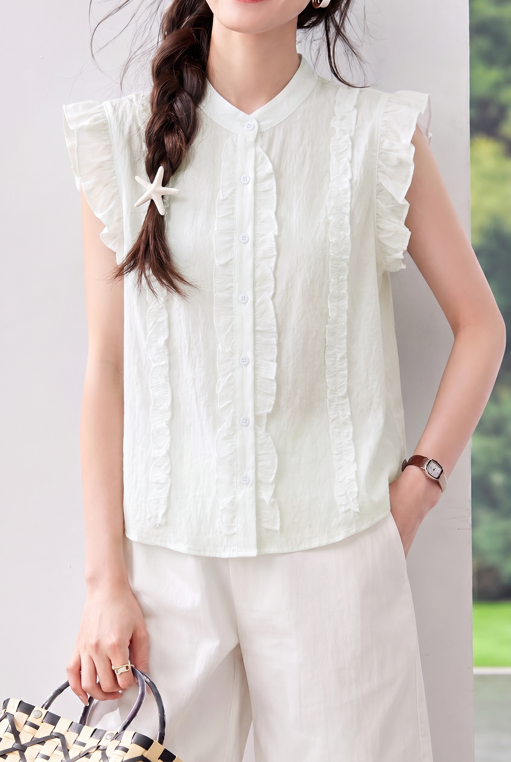 Elegant Commuter Cross Ruched Flutter Sleeve Blouse