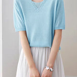 Elegant Beaded V-Neck Short Sleeve Knit T-Shirt