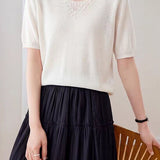 Elegant Beaded V-Neck Short Sleeve Knit T-Shirt