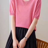Elegant Beaded V-Neck Short Sleeve Knit T-Shirt