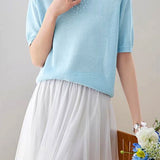 Elegant Beaded V-Neck Short Sleeve Knit T-Shirt