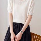 Elegant Beaded V-Neck Short Sleeve Knit T-Shirt