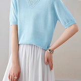 Elegant Beaded V-Neck Short Sleeve Knit T-Shirt