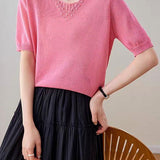 Elegant Beaded V-Neck Short Sleeve Knit T-Shirt