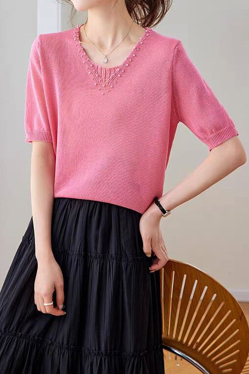Elegant Beaded V-Neck Short Sleeve Knit T-Shirt