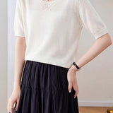 Elegant Beaded V-Neck Short Sleeve Knit T-Shirt