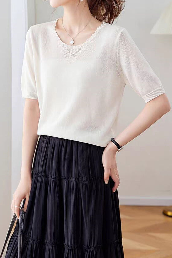 Elegant Beaded V-Neck Short Sleeve Knit T-Shirt