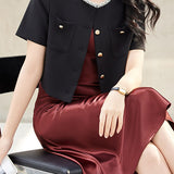 Elegant Round Neck Beaded Cropped Coat
