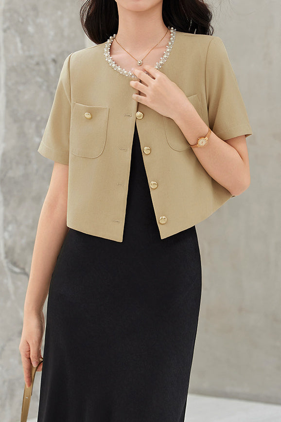 Elegant Round Neck Beaded Cropped Coat