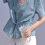 Casual Ribbed Lace Spliced Blouse