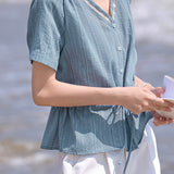 Casual Ribbed Lace Spliced Blouse
