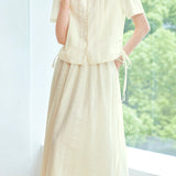 Elegant Waist Tie Short Sleeve Blouse & Skirt Two-Piece Set
