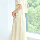 Elegant Waist Tie Short Sleeve Blouse & Skirt Two-Piece Set