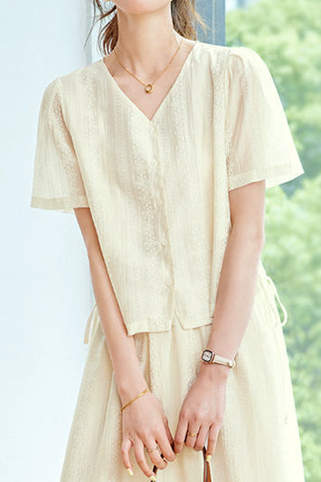 Elegant Waist Tie Short Sleeve Blouse & Skirt Two-Piece Set