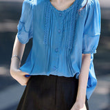 Casual Commuter Lace Trim Pleated Shirt
