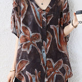 Retro Floral V-Neck Back Pleated Loose Shirt