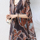 Retro Floral V-Neck Back Pleated Loose Shirt