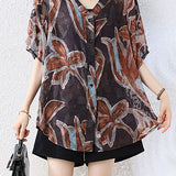 Retro Floral V-Neck Back Pleated Loose Shirt