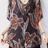 Retro Floral V-Neck Back Pleated Loose Shirt