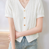 Casual Hollow Out Lace Trim V-Neck Short Sleeve Shirt