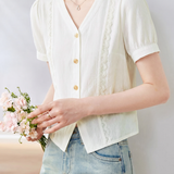 Casual Hollow Out Lace Trim V-Neck Short Sleeve Shirt
