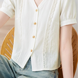 Casual Hollow Out Lace Trim V-Neck Short Sleeve Shirt